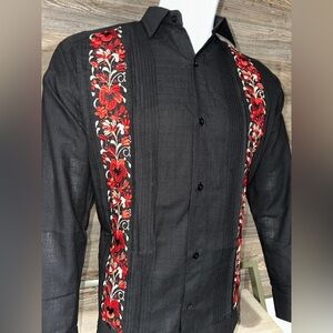 Mens Authentic Mexican Guayabera Shirt Red Flower with Two Embroidery Panels